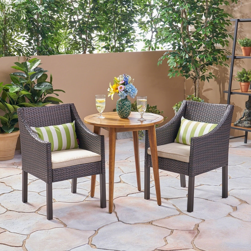 Nicola Outdoor 3 Piece Wood and Wicker Bistro Set by Christopher Knight Home - N/A