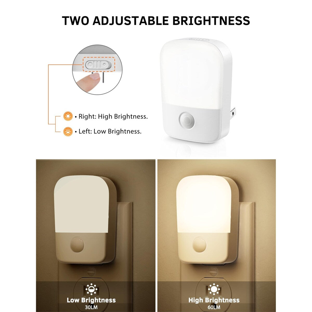 Night Lights Plug into Wall, Night Light with Dusk to Dawn Sensor, 30/60LM Adjustable Brightness, Nightlights for Kids