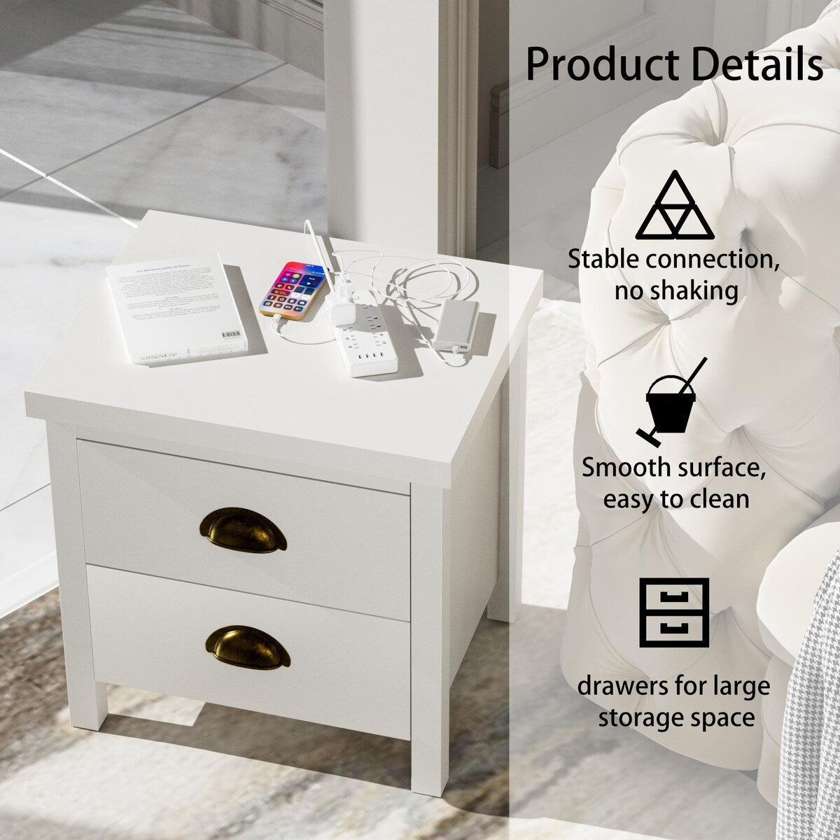 Nightstand 2 Drawers for Bedroom, Wooden Bedside Night Stand with Shell Handle, Small End Table for Living Room, White
