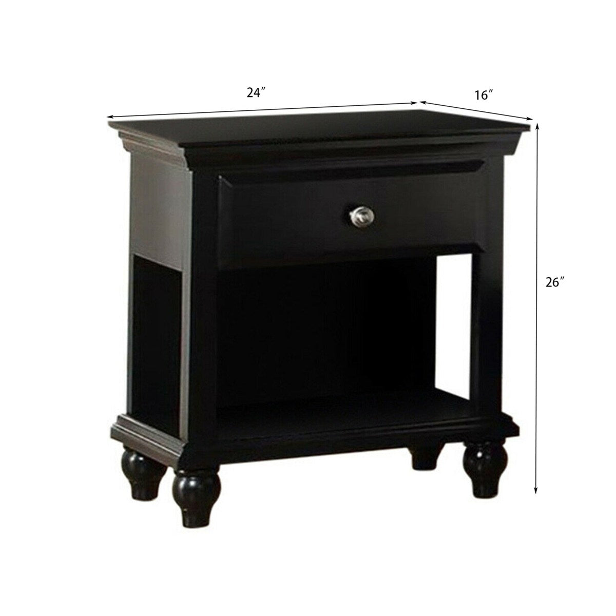 Nightstand Bedside Table Chest with 1 Drawer and Shelf in Black Finish