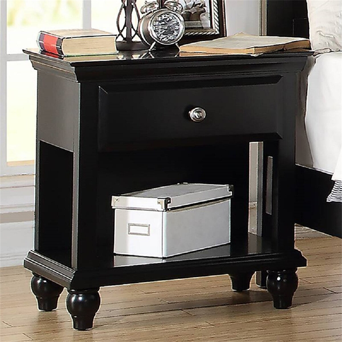 Nightstand Bedside Table Chest with 1 Drawer and Shelf in Black Finish