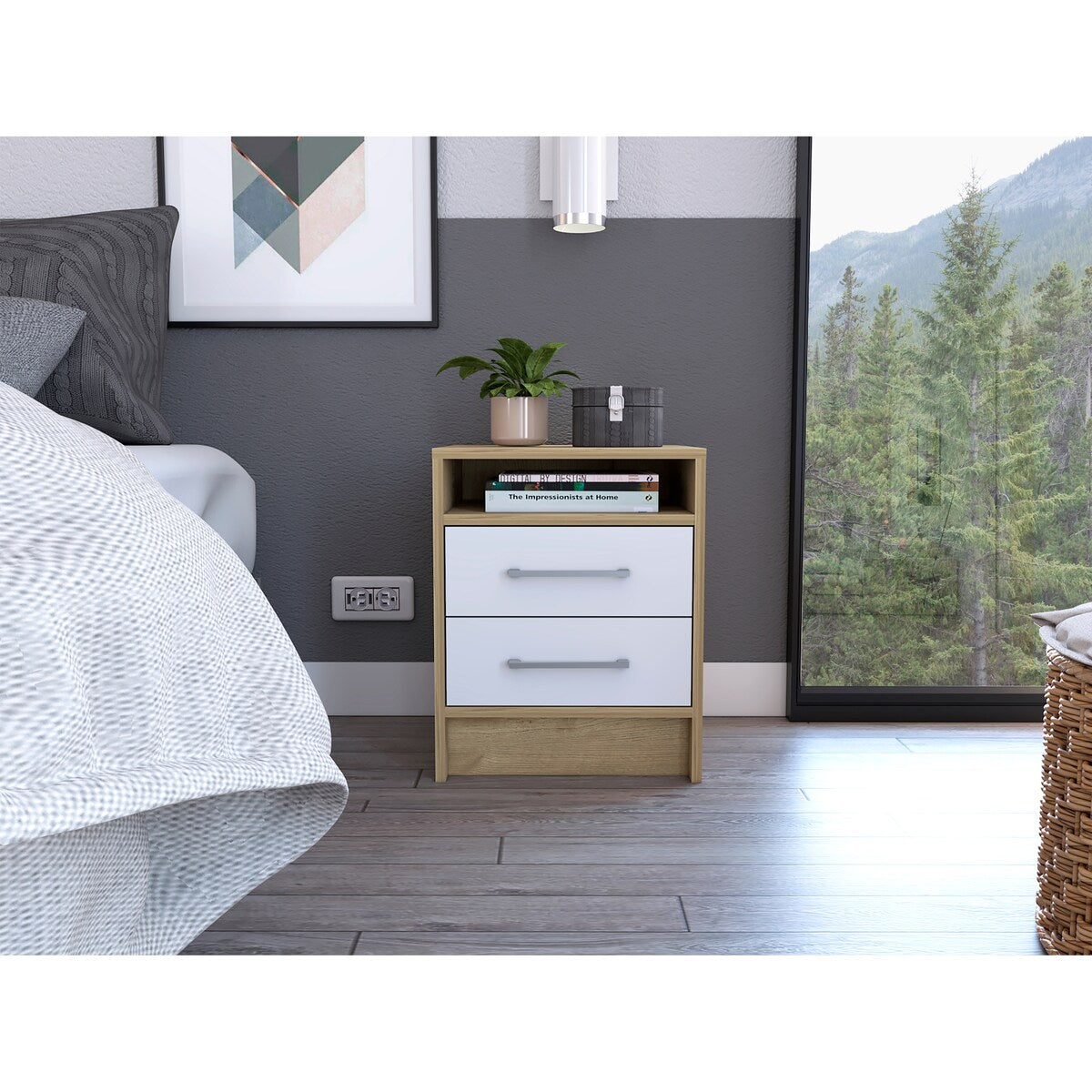 Nightstand Cartiz, Two Drawers, White / Light Oak Finish,High quality and durable