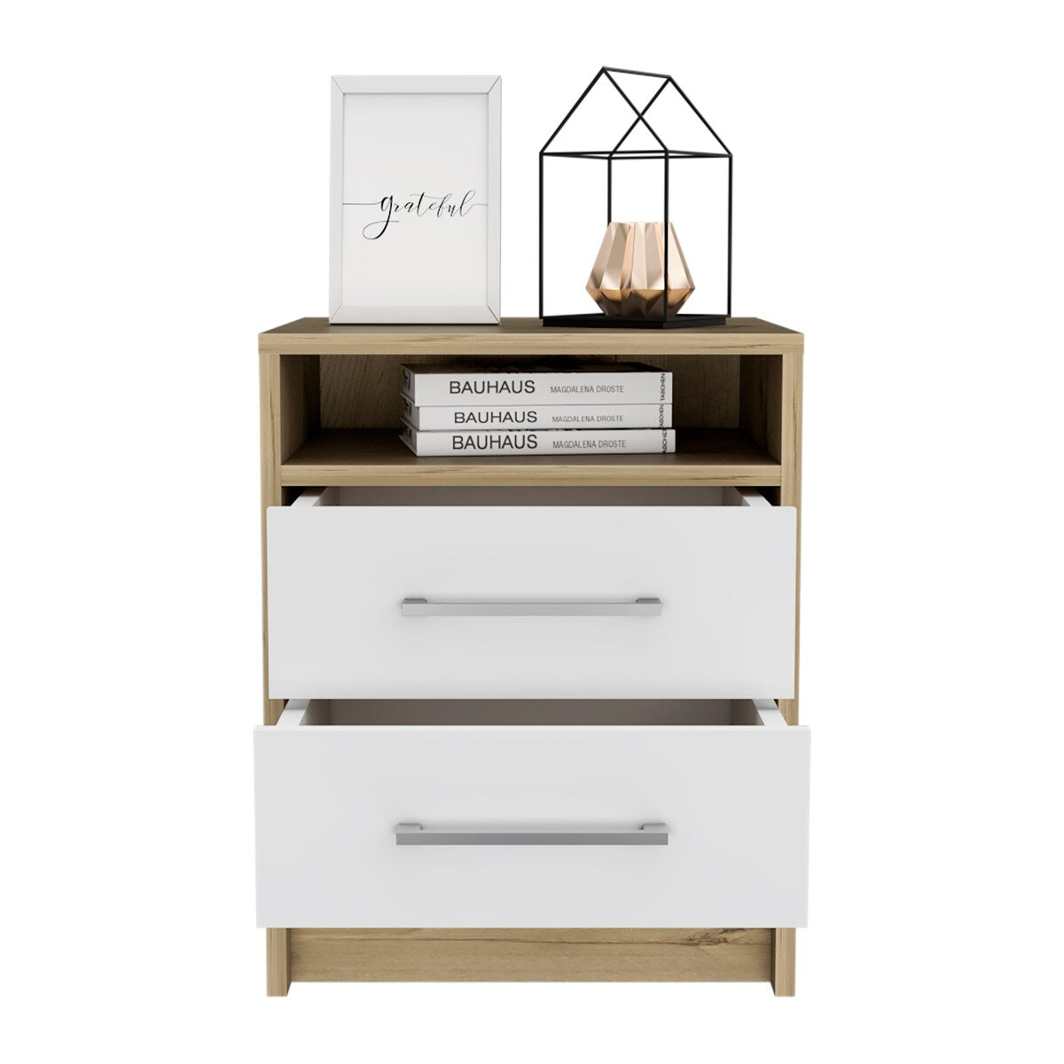Nightstand Cartiz, Two Drawers, White / Light Oak Finish,High quality and durable