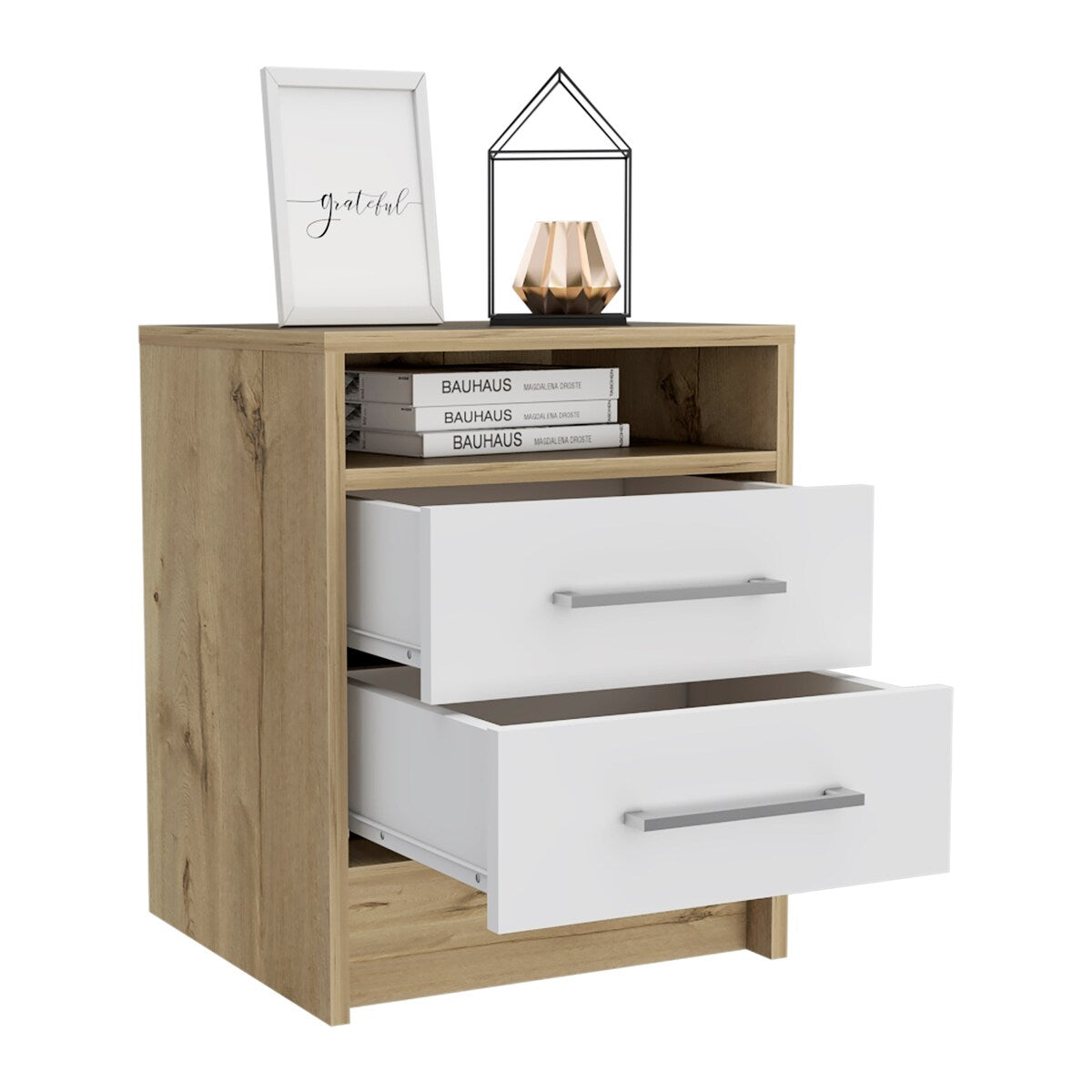 Nightstand Cartiz, Two Drawers, White / Light Oak Finish,High quality and durable
