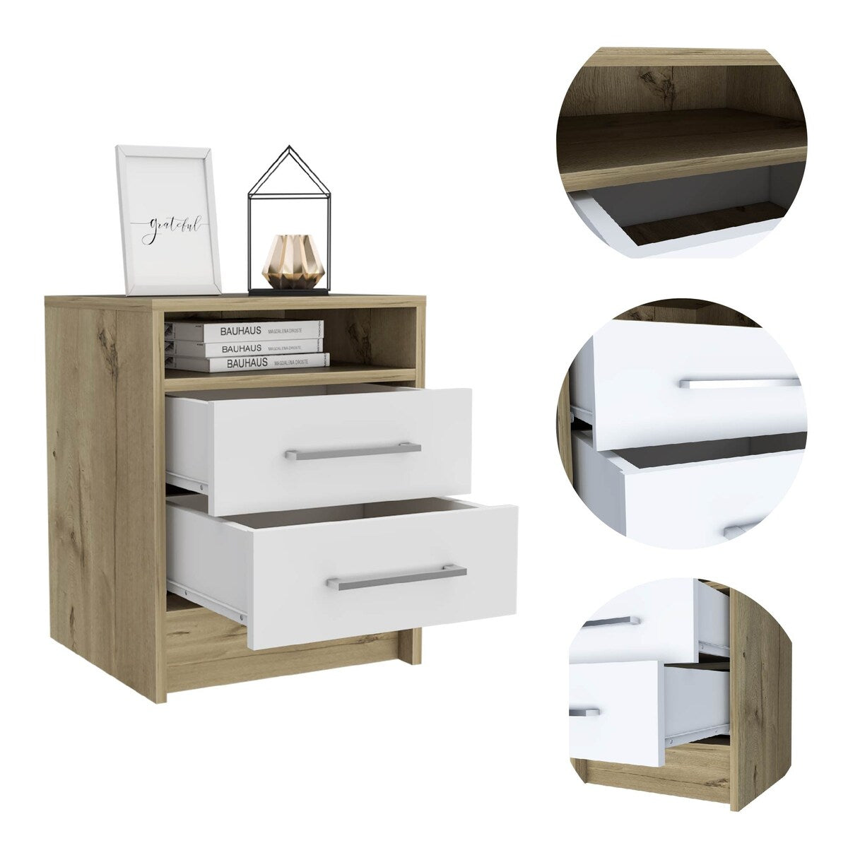Nightstand Cartiz, Two Drawers, White / Light Oak Finish,High quality and durable