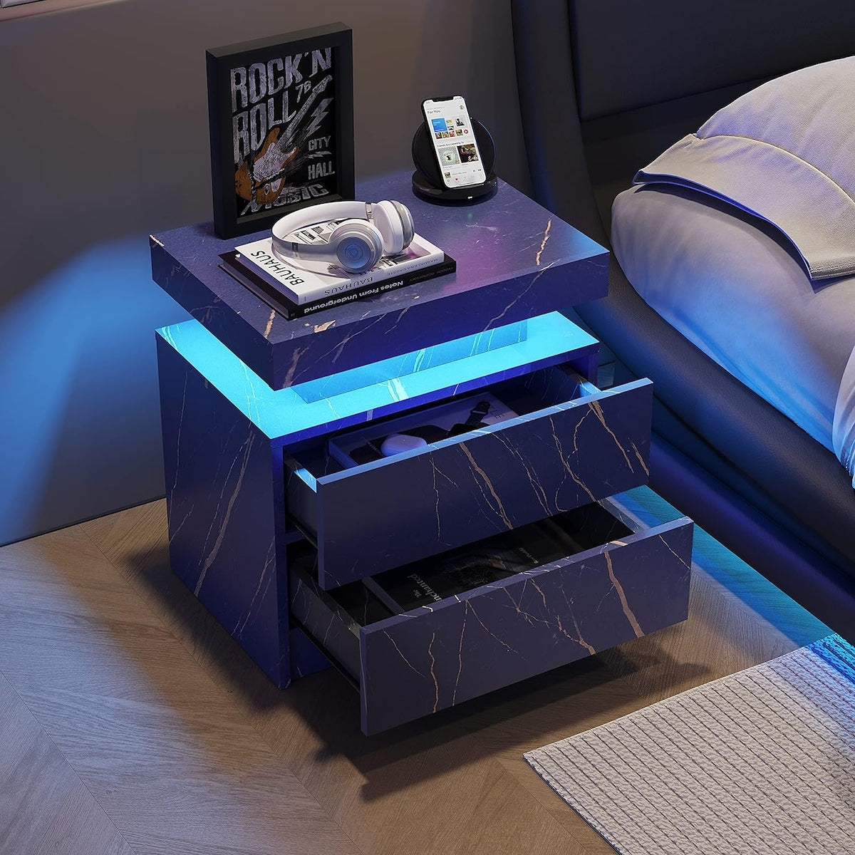Nightstand LED Bedside Table Cabinet Lights Modern End Side with 2 Drawers for Bedroom