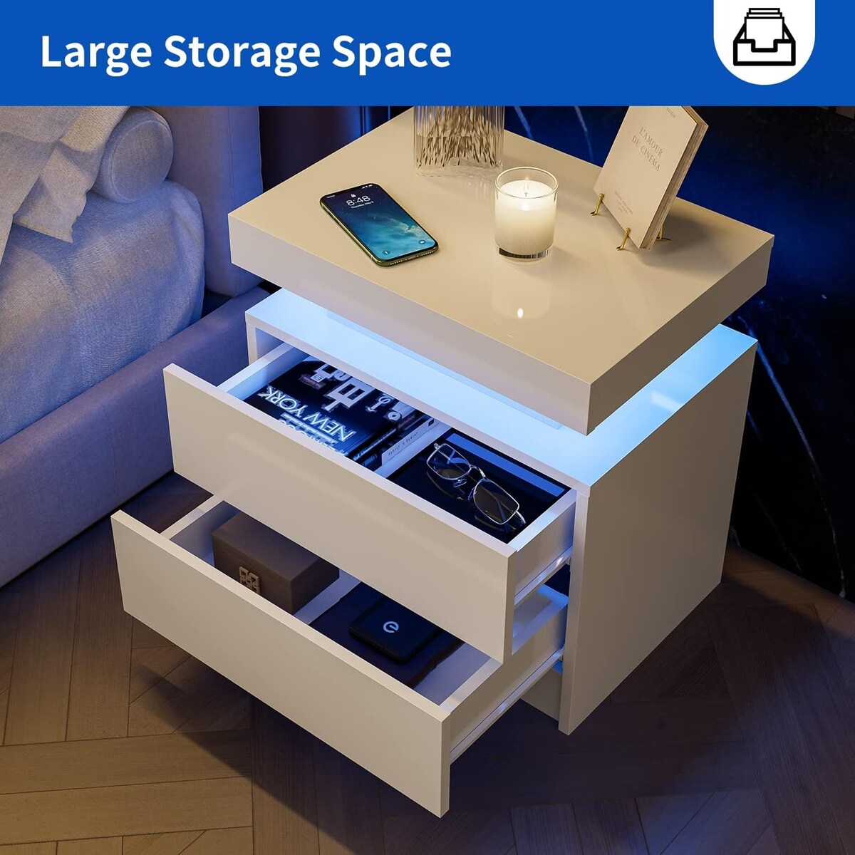 Nightstand LED Bedside Table Cabinet Lights Modern End Side with 2 Drawers for Bedroom
