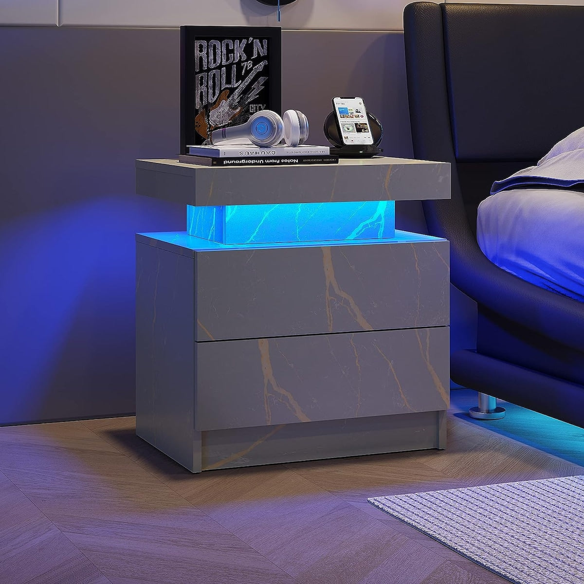 Nightstand LED Bedside Table Cabinet Lights Modern End Side with 2 Drawers for Bedroom
