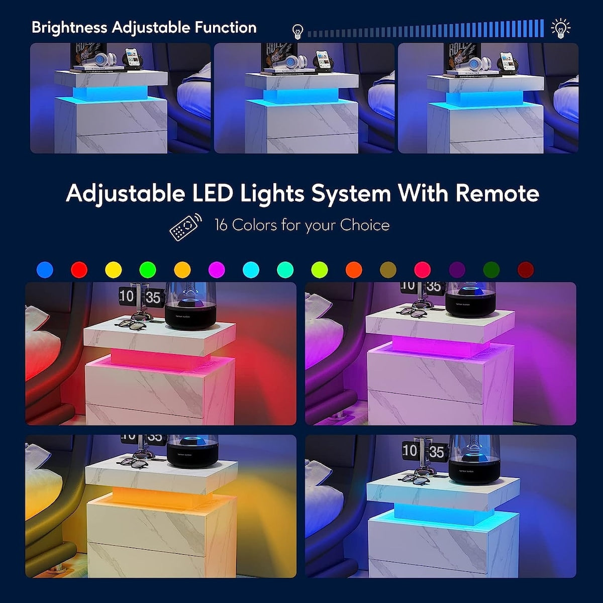 Nightstand LED Bedside Table Cabinet Lights Modern End Side with 2 Drawers for Bedroom