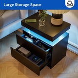 Nightstand LED Bedside Table Cabinet Lights Modern End Side with 2 Drawers for Bedroom