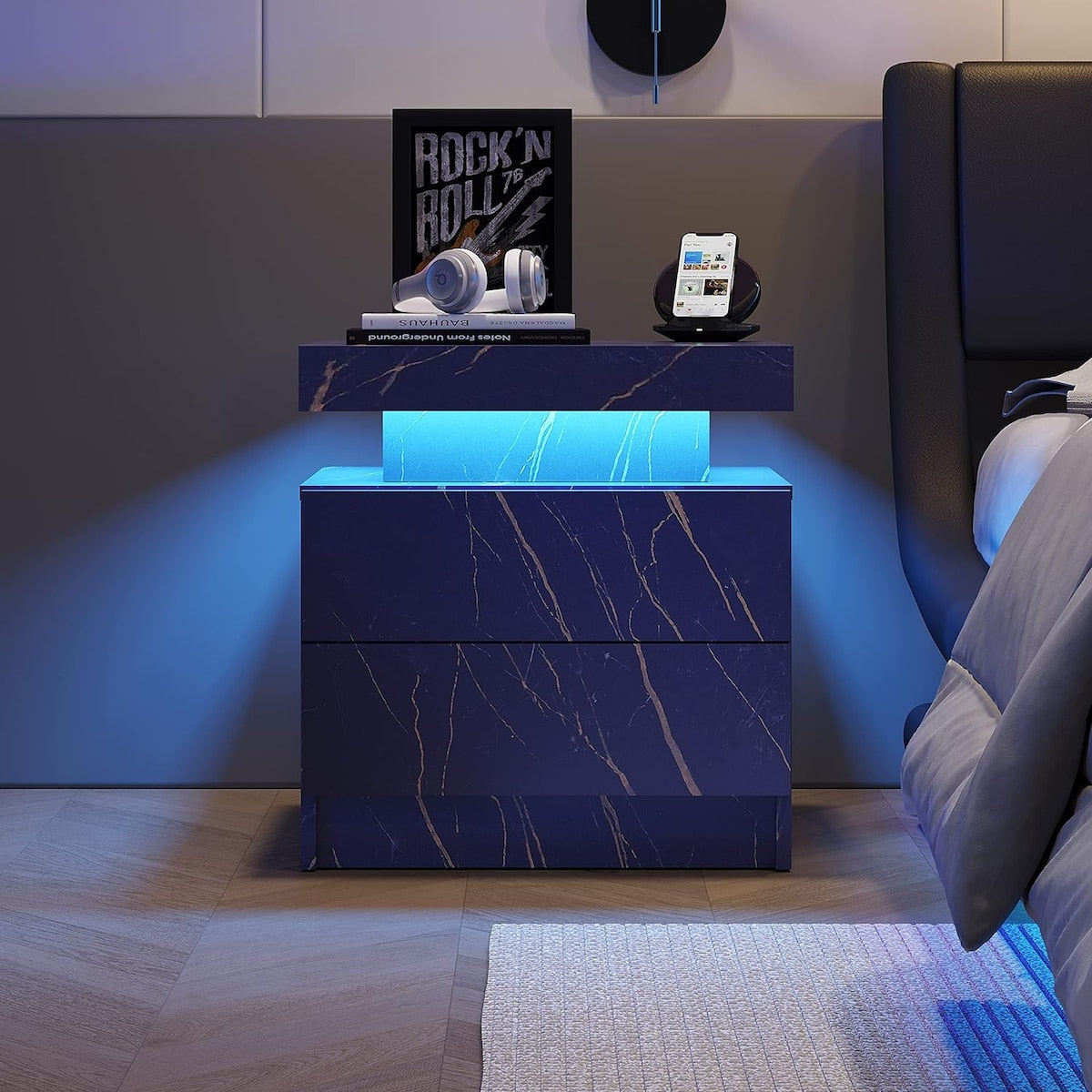 Nightstand LED Bedside Table Cabinet Lights Modern End Side with 2 Drawers for Bedroom