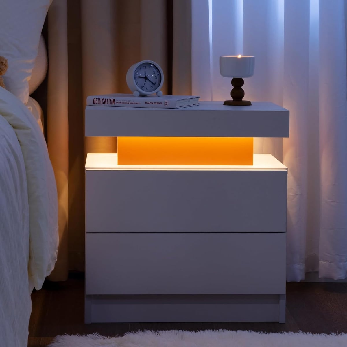 Nightstand LED Bedside Table Cabinet Lights Modern End Side with 2 Drawers for Bedroom