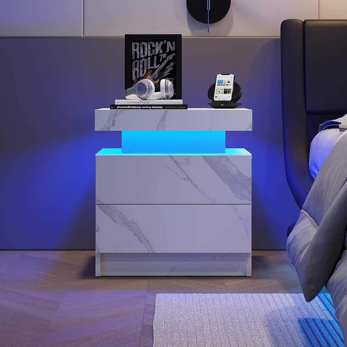 Nightstand LED Bedside Table Cabinet Lights Modern End Side with 2 Drawers for Bedroom
