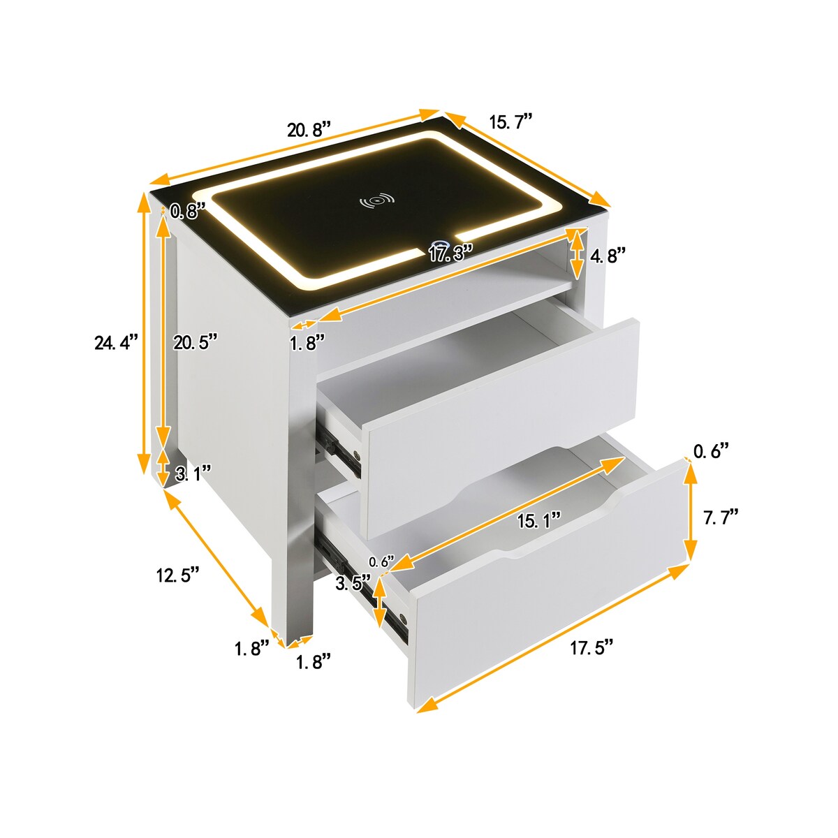 Nightstand with 2 Drawers and an open shelf, Wireless Charging with adjustable LED