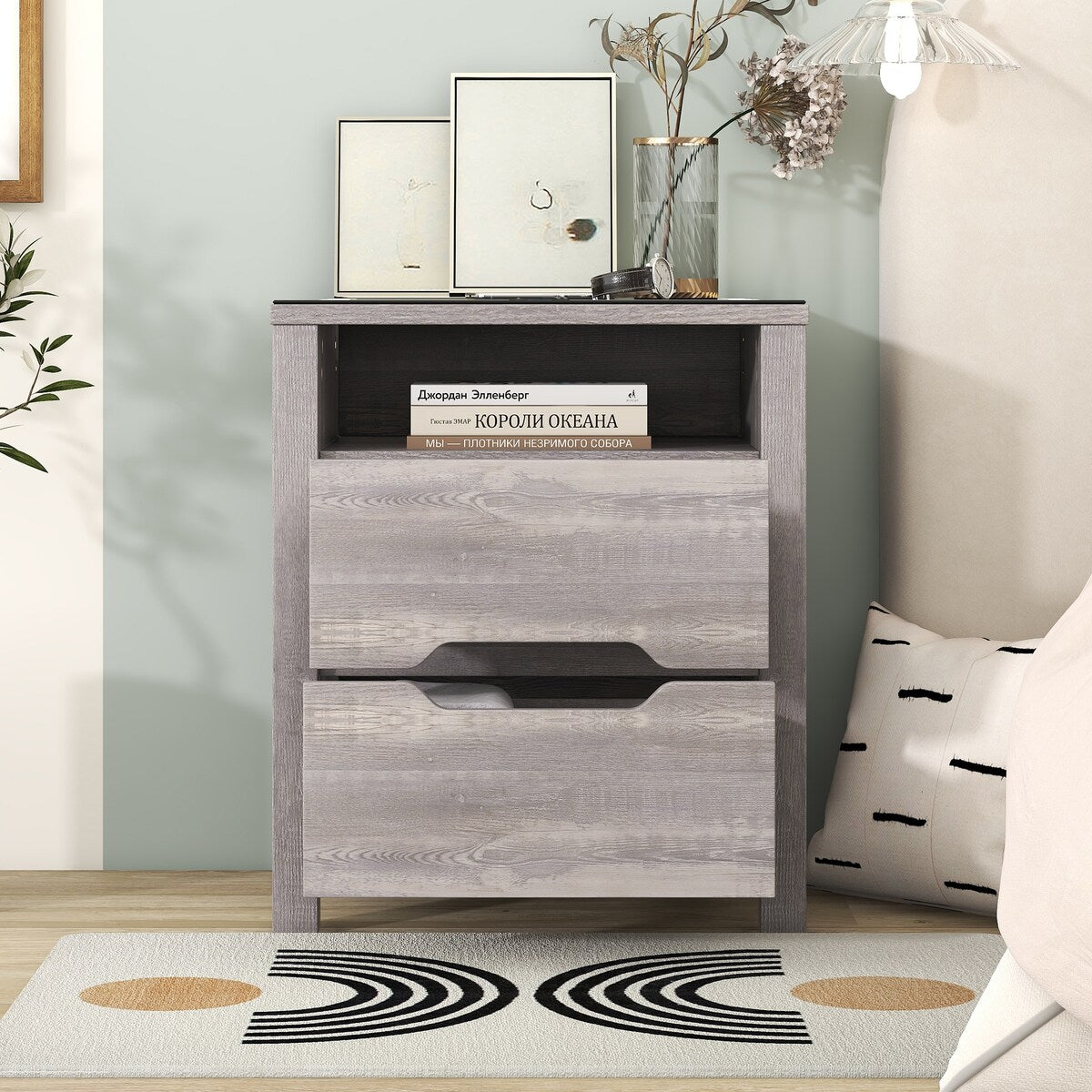 Nightstand with 2 Drawers and an open shelf, Wireless Charging with adjustable LED