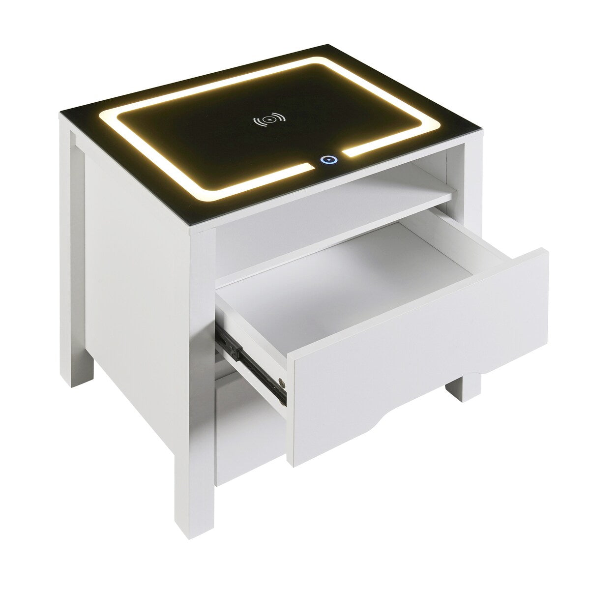 Nightstand with 2 Drawers and an open shelf, Wireless Charging with adjustable LED