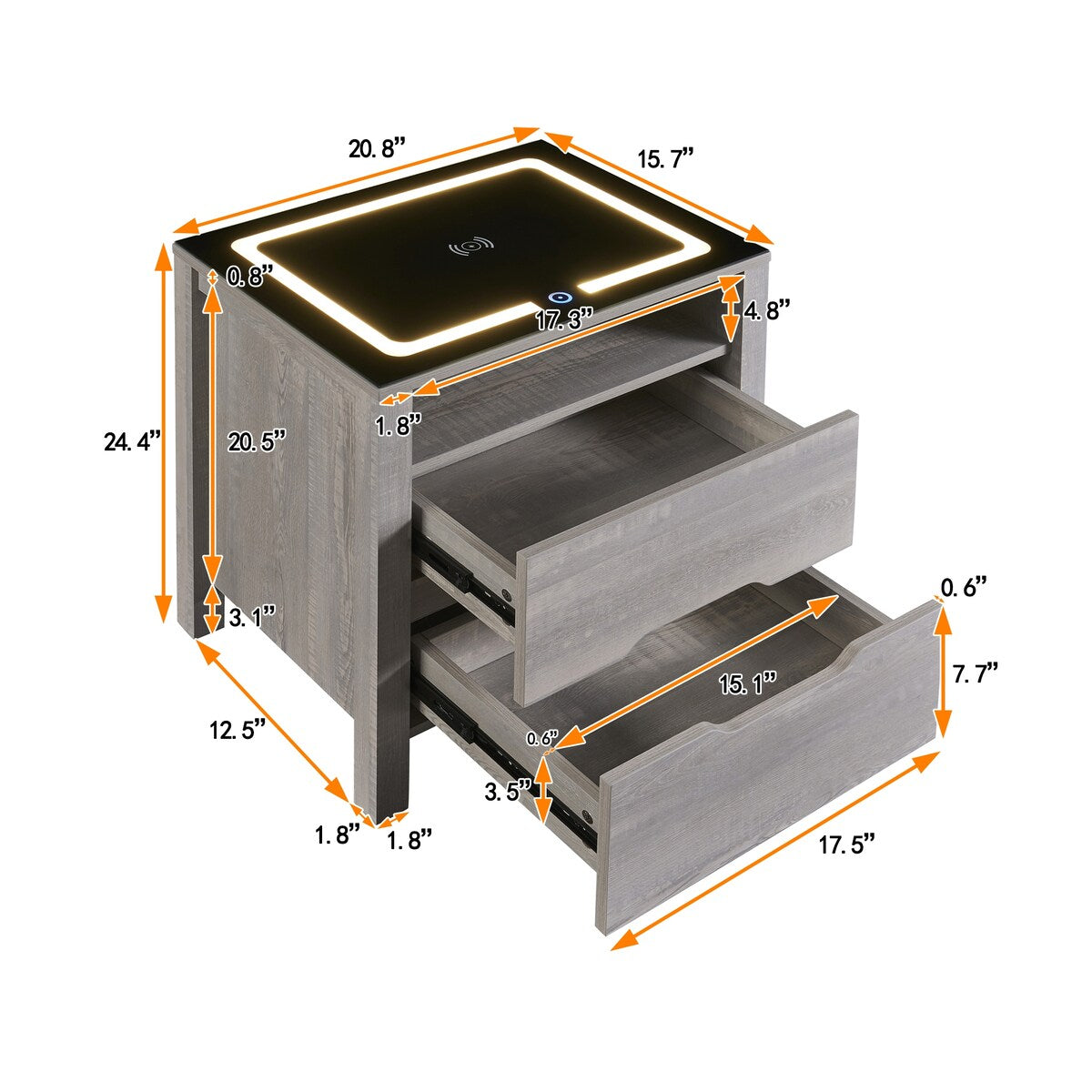 Nightstand with 2 Drawers and an open shelf, Wireless Charging with adjustable LED