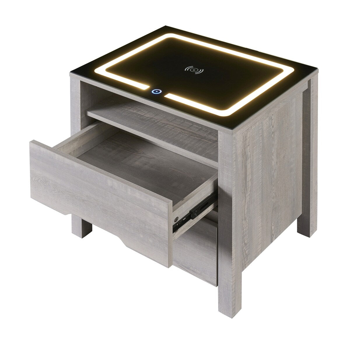 Nightstand with 2 Drawers and an open shelf, Wireless Charging with adjustable LED