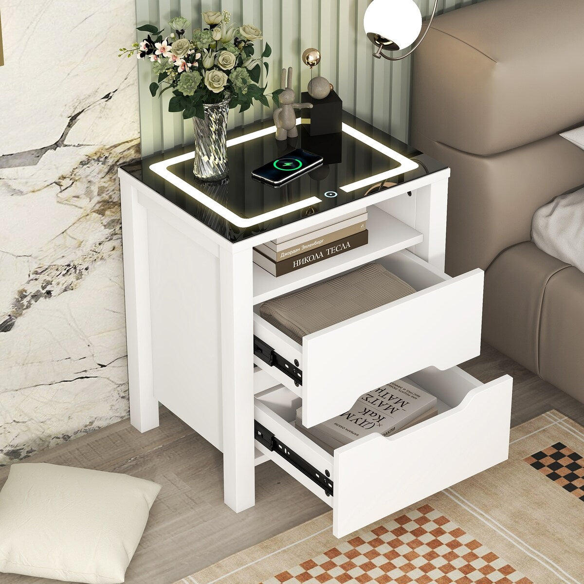 Nightstand with 2 Drawers and an open shelf, Wireless Charging with adjustable LED