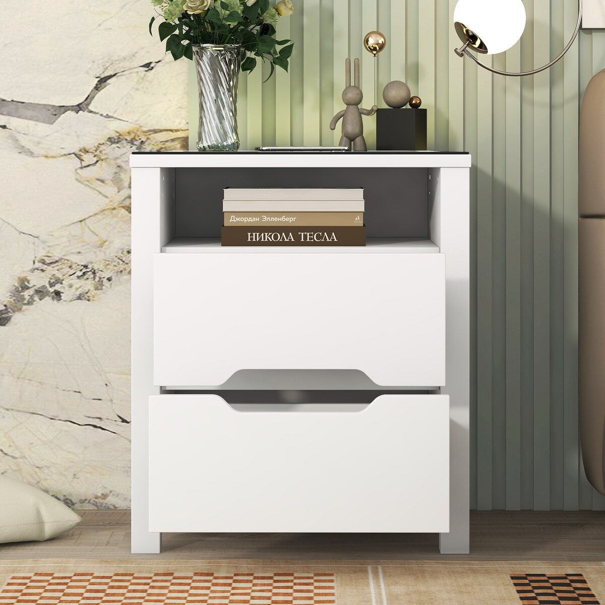 Nightstand with 2 Drawers and an open shelf, Wireless Charging with adjustable LED