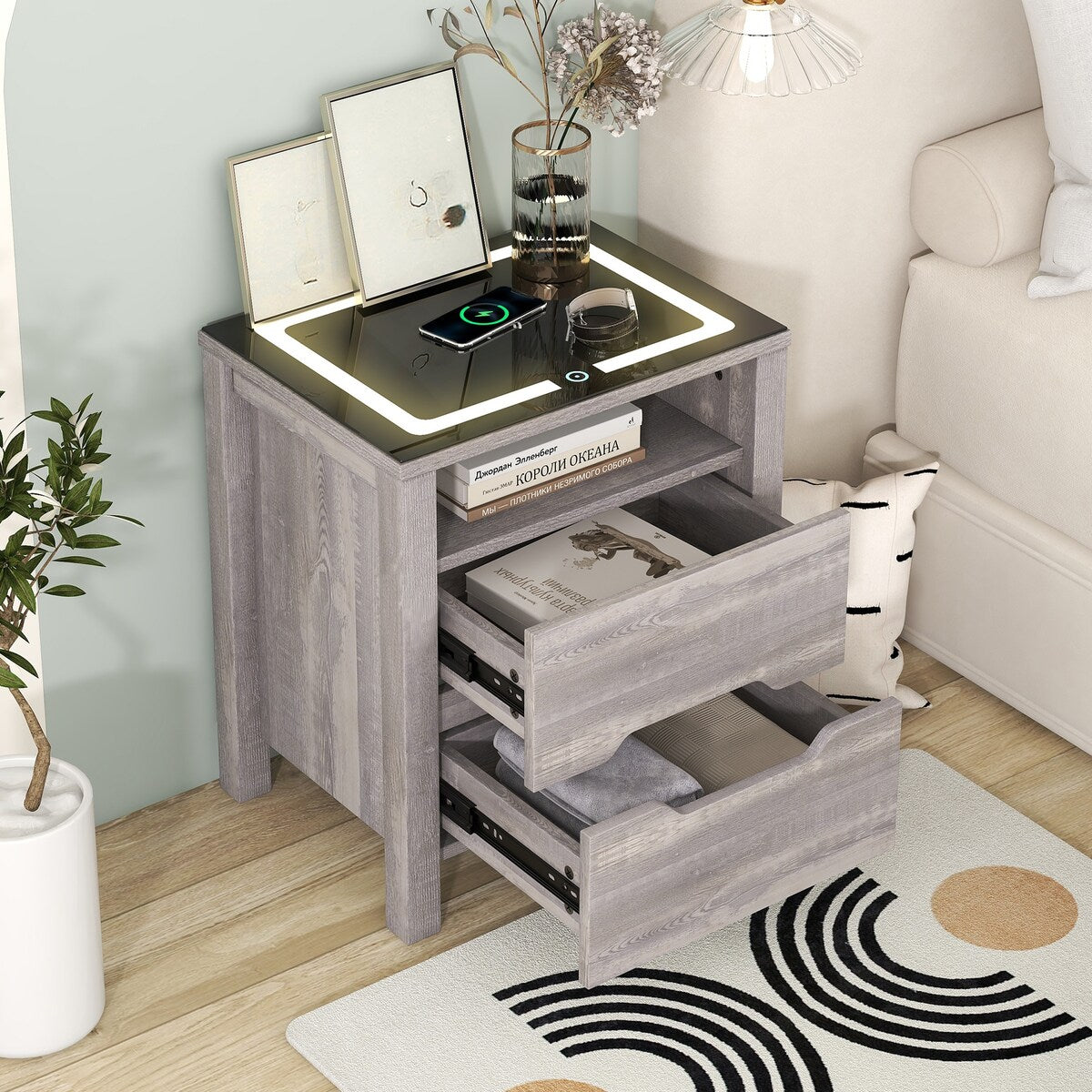 Nightstand with 2 Drawers and an open shelf, Wireless Charging with adjustable LED