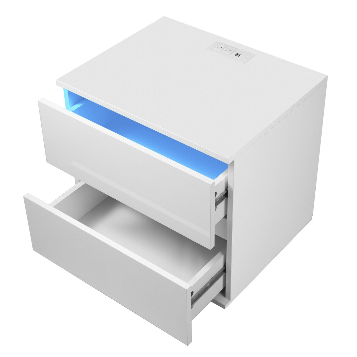 Nightstand with 2 Drawers,USB Charging Ports and Remote Control LED Light-White