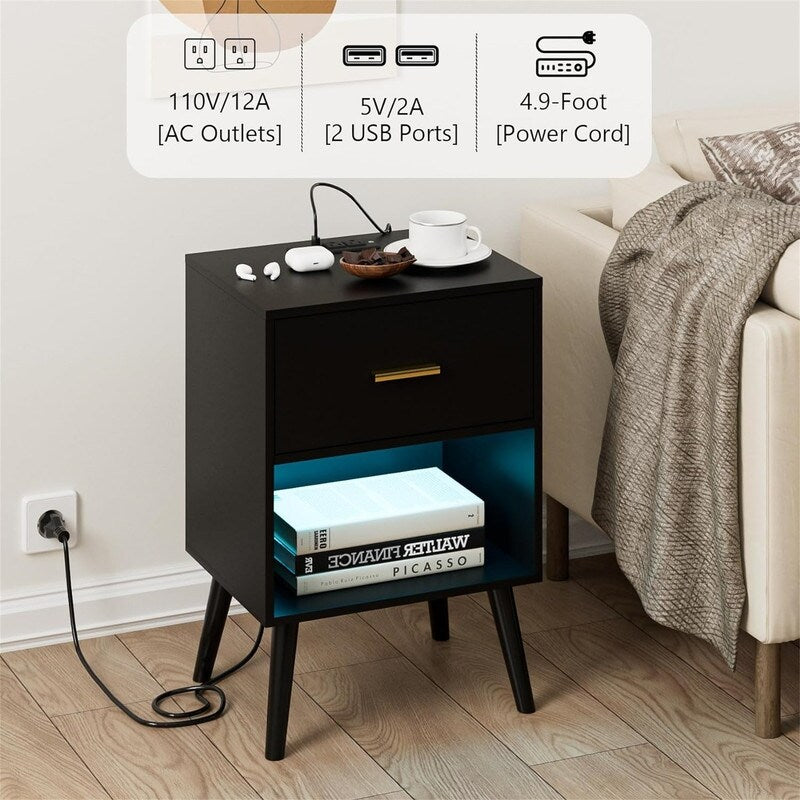 Nightstand with Charging Station and LED Lights