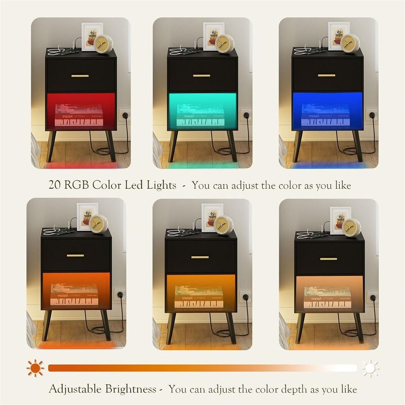 Nightstand with Charging Station and LED Lights