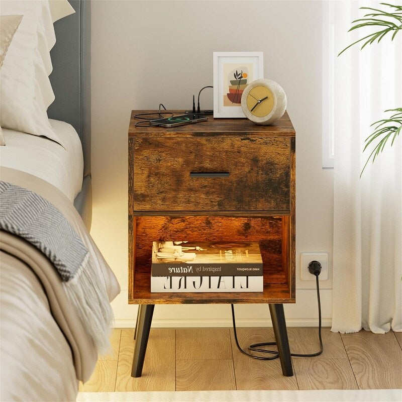 Nightstand with Charging Station and LED Lights