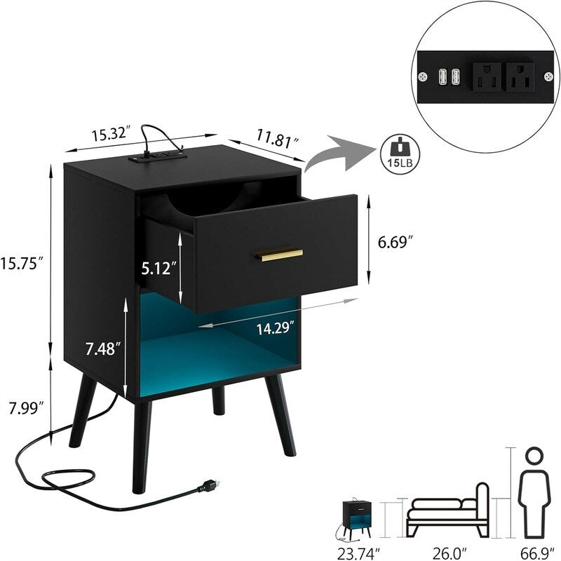 Nightstand with Charging Station and LED Lights