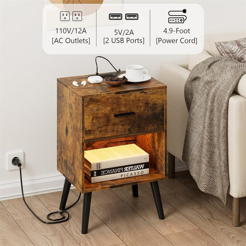 Nightstand with Charging Station and LED Lights