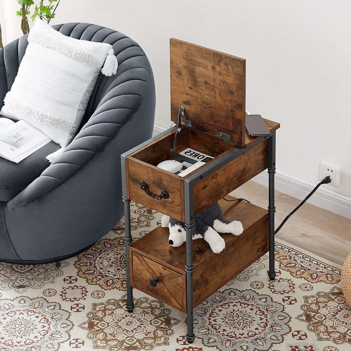 2-Drawer Narrow Nightstand with Charging Station and USB Ports& Power Outlets, Rustic Brown