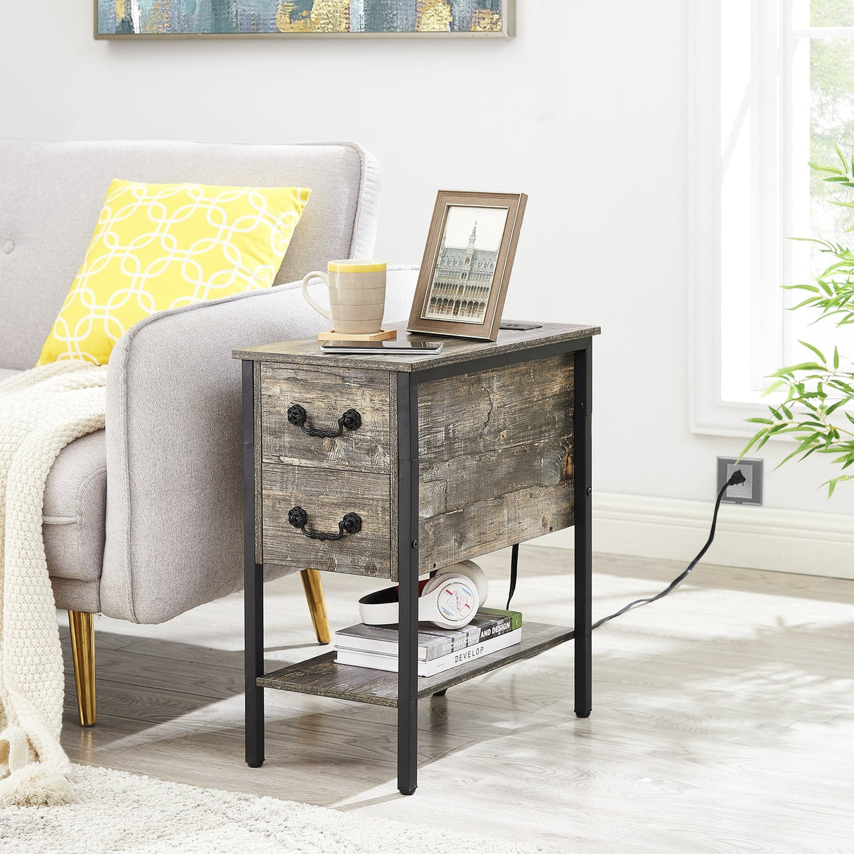 Nightstand with Charging Station, 2 USB Port & 2 Power Outlets, Tall End/Side Table with 2-Drawer and Storage Shelf