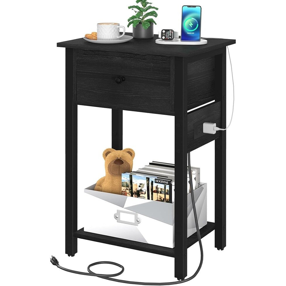 Nightstand with Charging Station, Bedside Tables and Shelf, 11.81"D x 15.75"W x 23.62"H