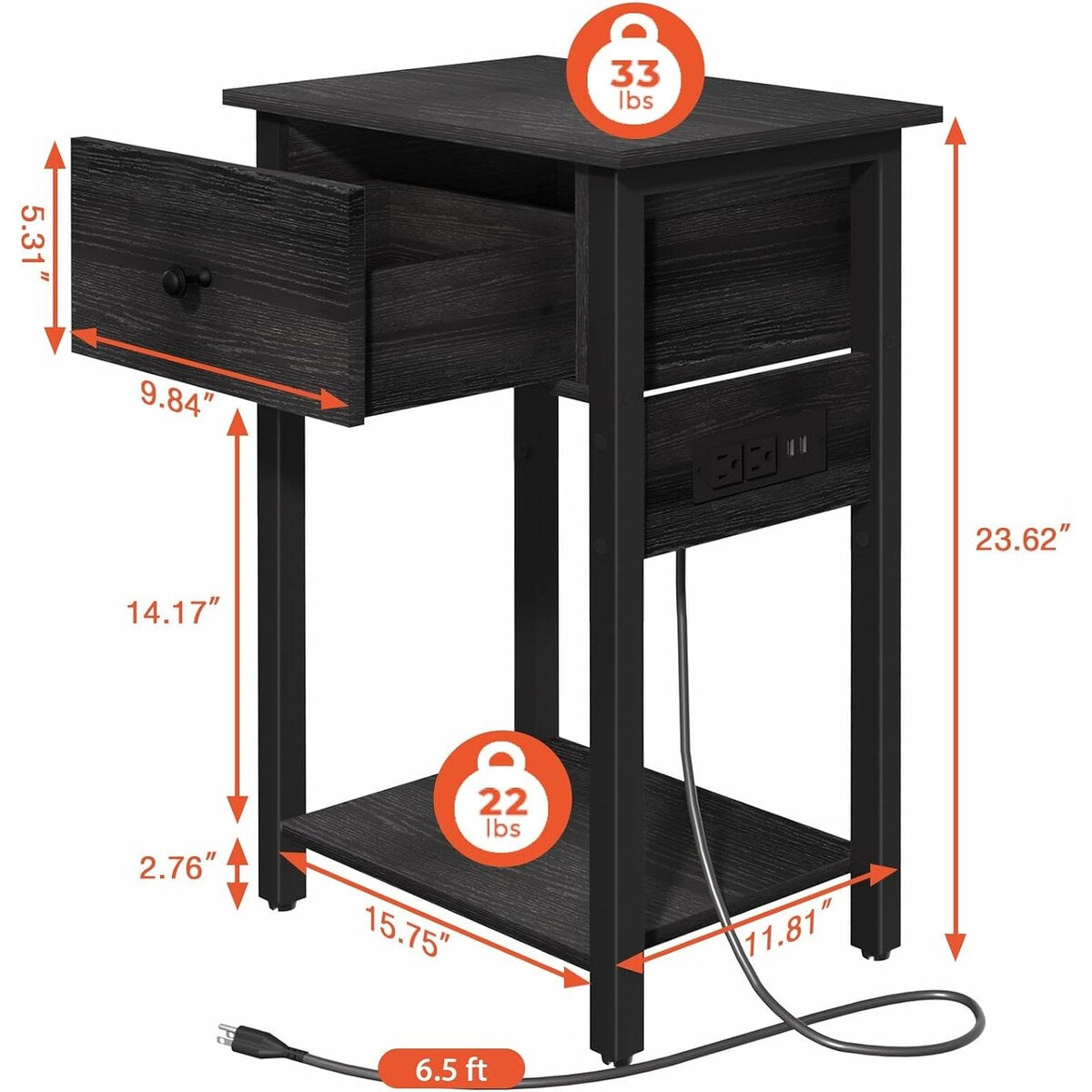 Nightstand with Charging Station, Bedside Tables and Shelf, 11.81"D x 15.75"W x 23.62"H