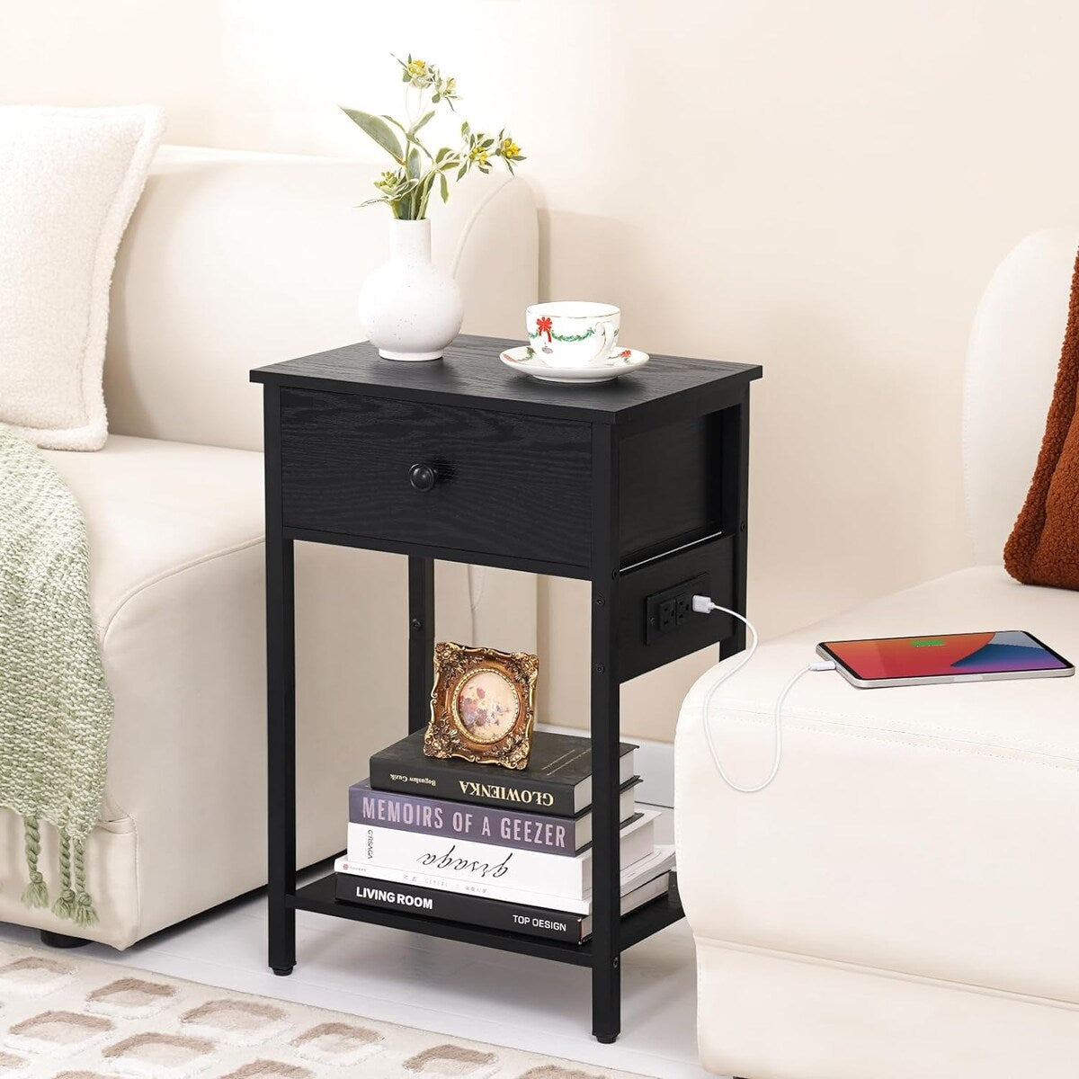 Nightstand with Charging Station, Bedside Tables and Shelf, 11.81"D x 15.75"W x 23.62"H