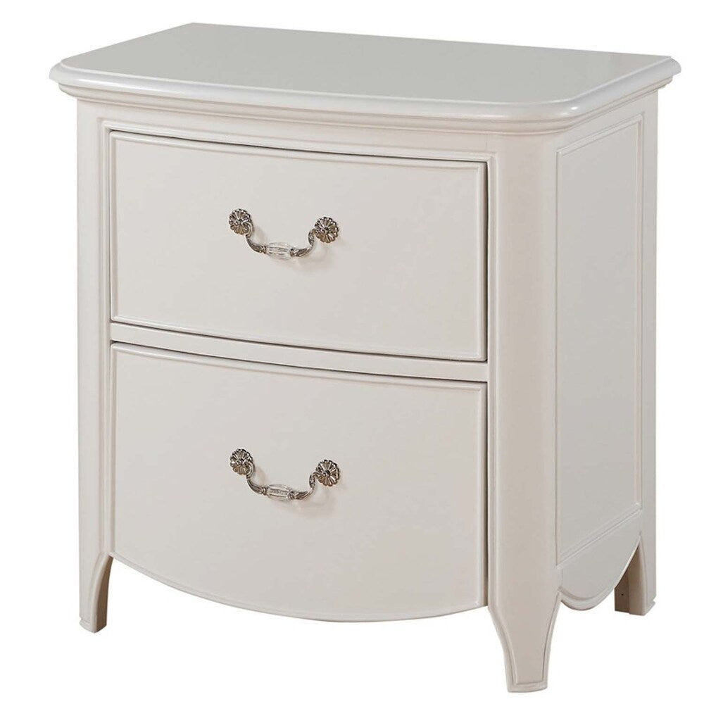 Nightstand with Crystal Like Metal Handles and Tapered Legs, White