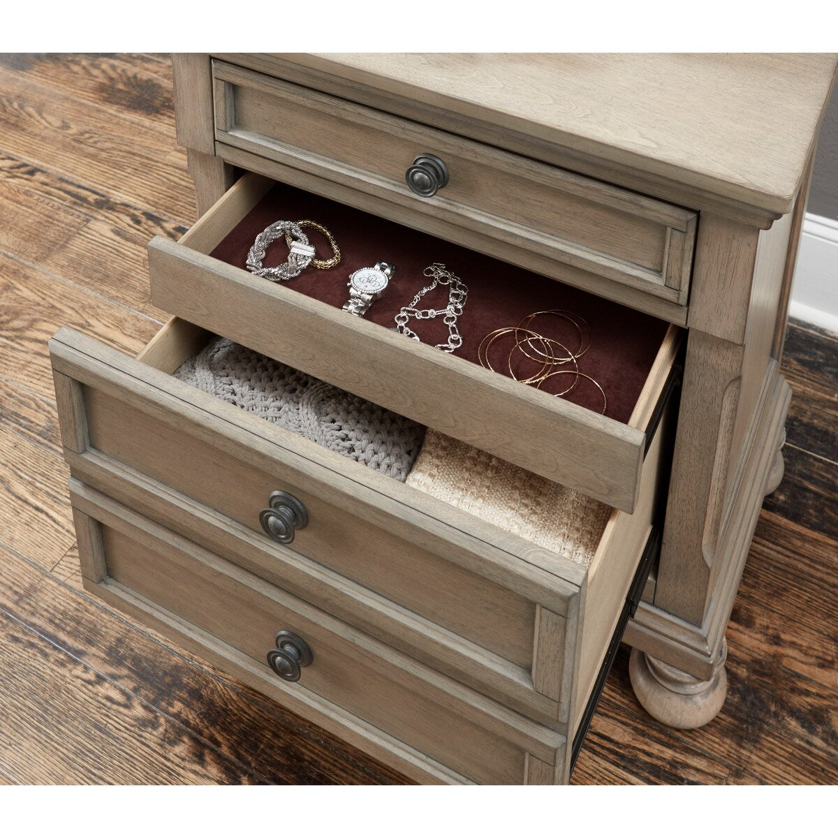 Nightstand with Hidden Drawer Wire Brushed Birch Veneer Wood Bed Side Table