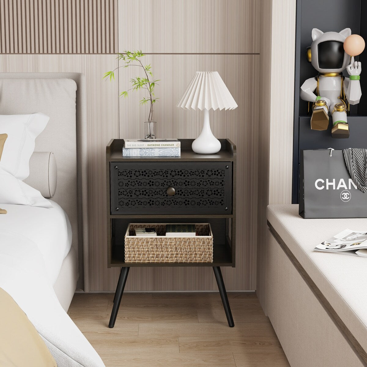 Nightstand with Metal Legs with Drawer Beside Table