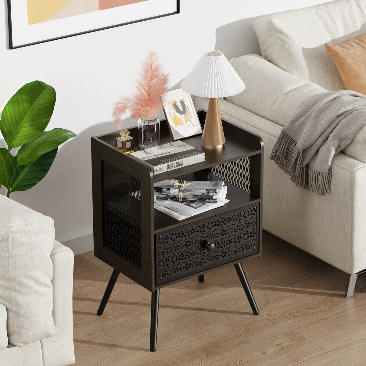 Nightstand with Metal Legs with Drawer Beside Table
