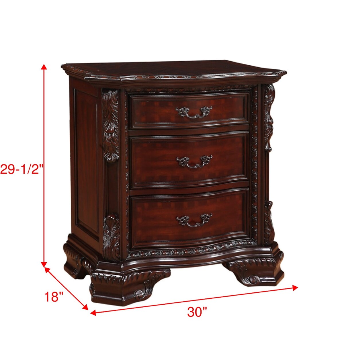Nightstand with Three Storage Drawers Drawer Pulls Solid Wood