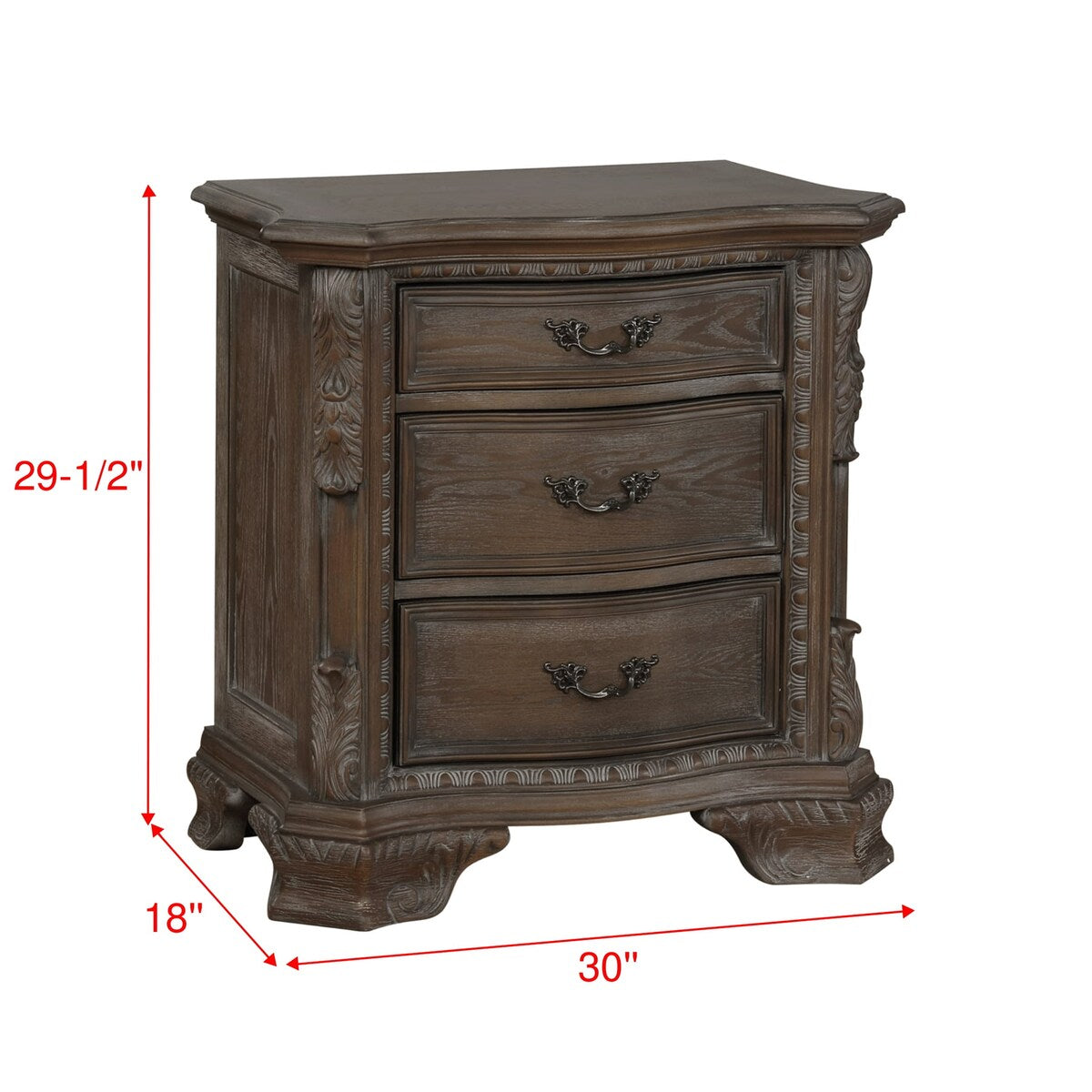 Nightstand with Three Storage Drawers Drawer Pulls Solid Wood