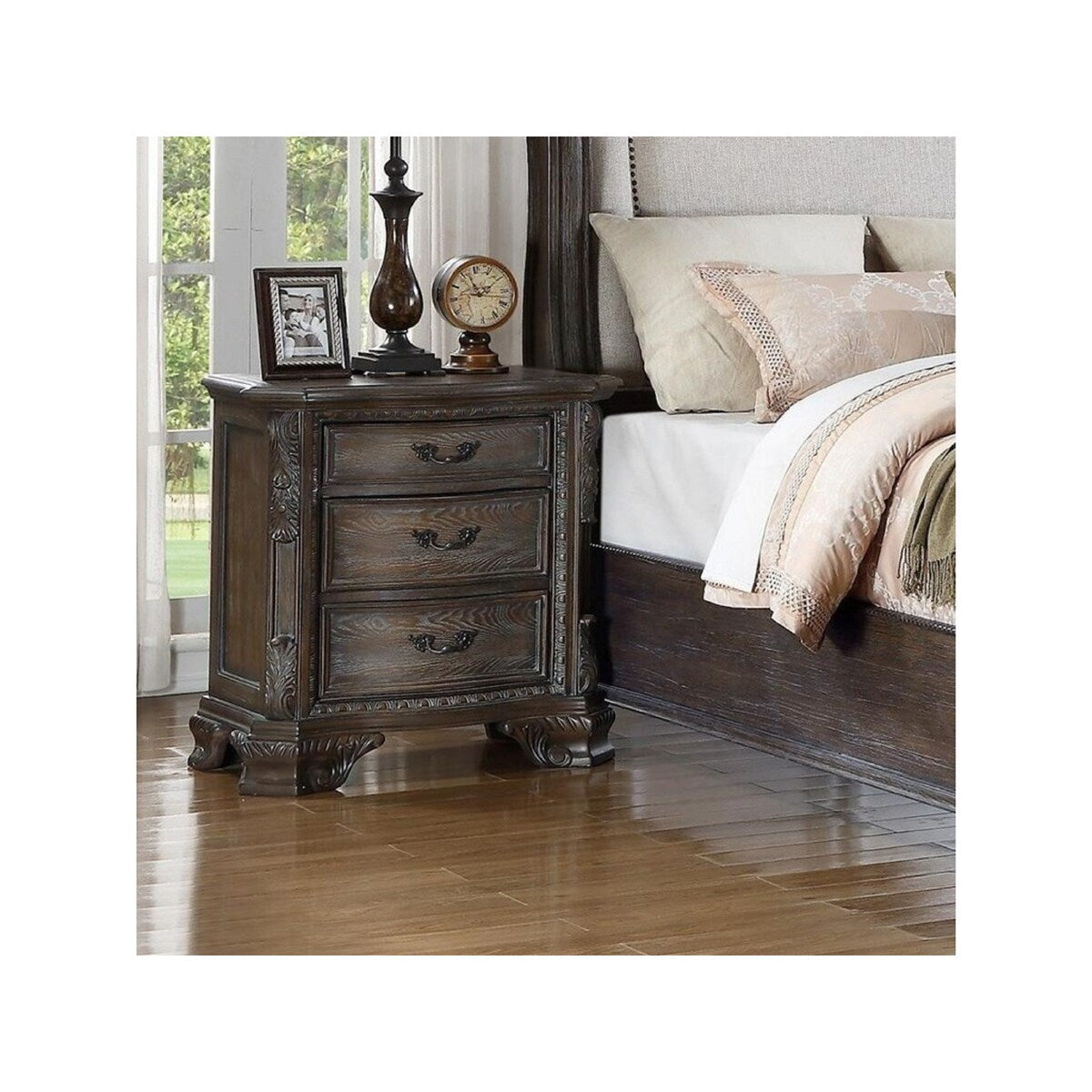 Nightstand with Three Storage Drawers Drawer Pulls Solid Wood