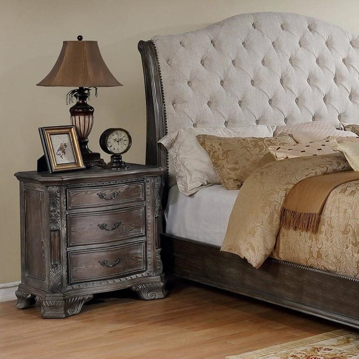 Nightstand with Three Storage Drawers Drawer Pulls Solid Wood