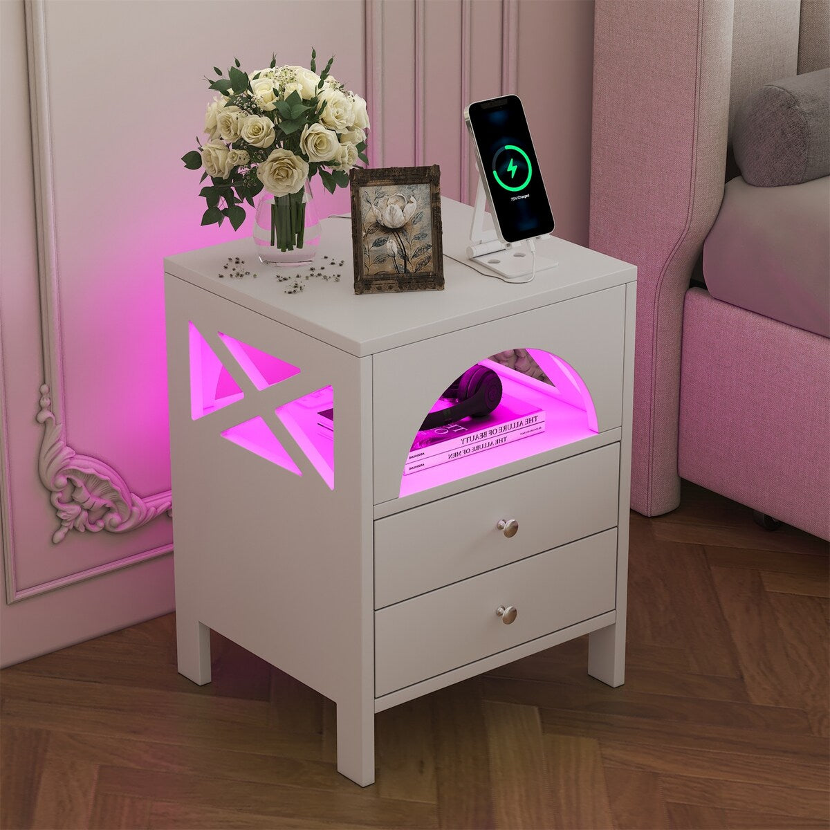 Nightstand with USB Charging Ports and LED Lights, 2 Drawers and Shelf