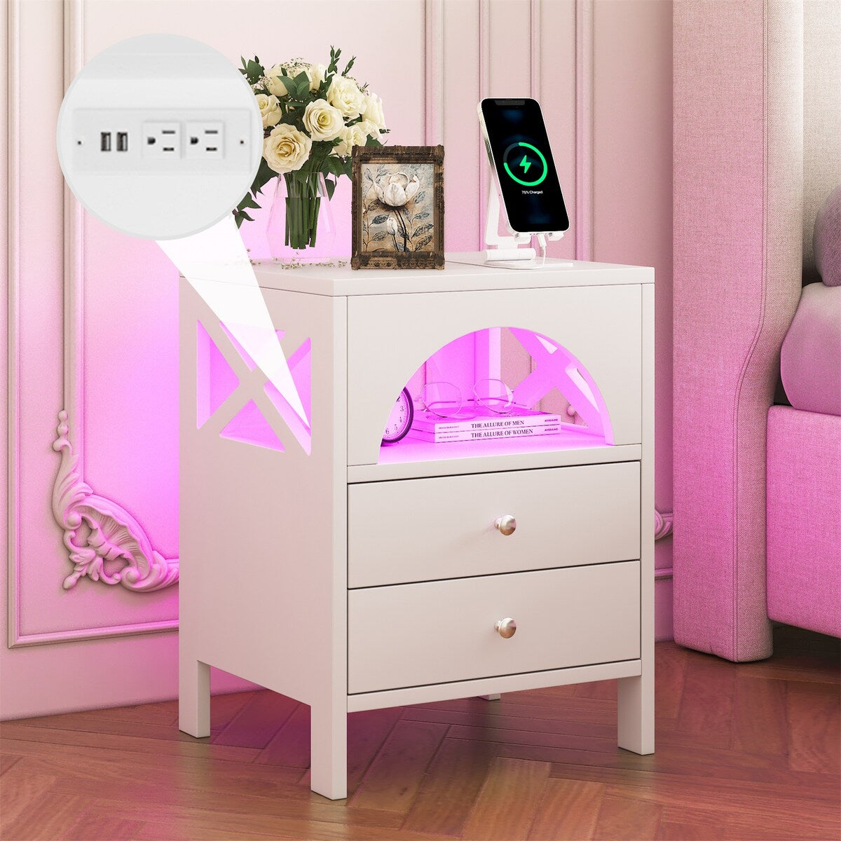 Nightstand with USB Charging Ports and LED Lights, 2 Drawers and Shelf