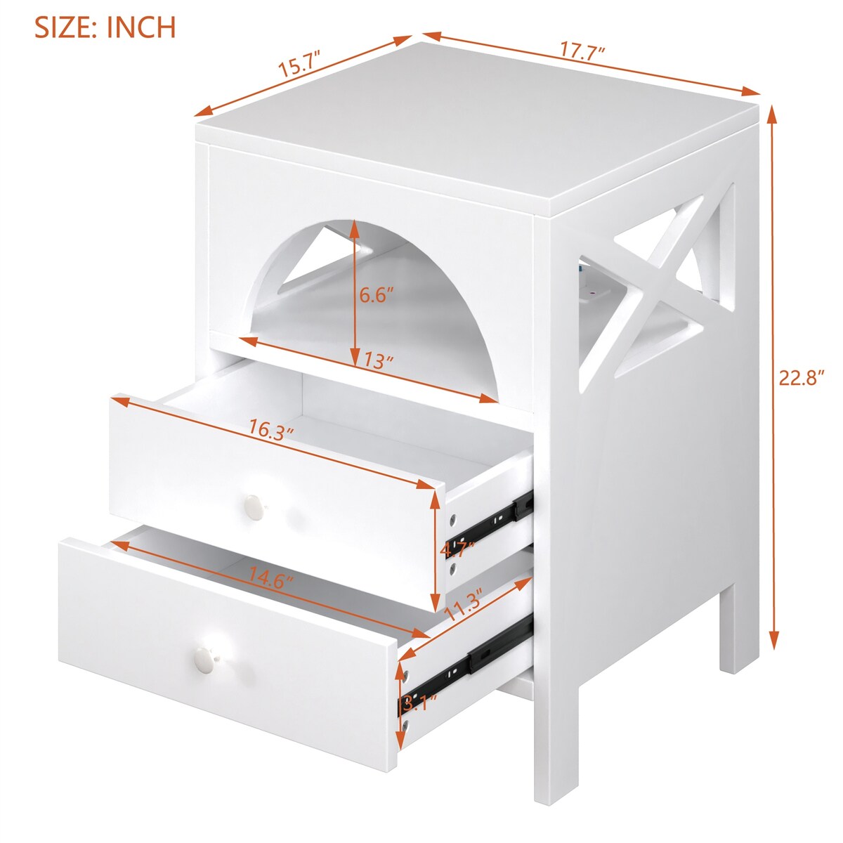 Nightstand with USB Charging Ports and LED Lights, 2 Drawers and Shelf