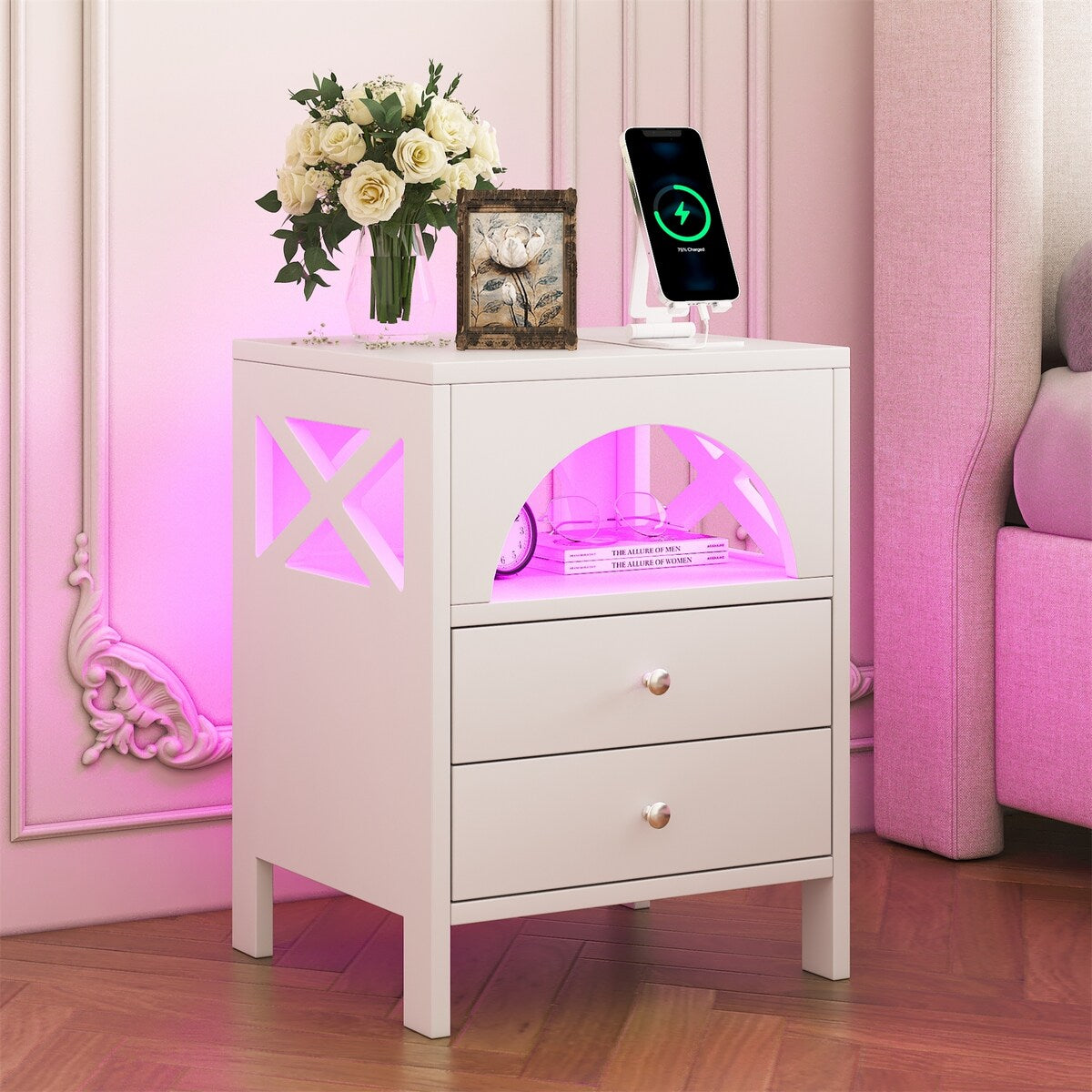 Nightstand with USB Charging Ports and LED Lights, 2 Drawers and Shelf