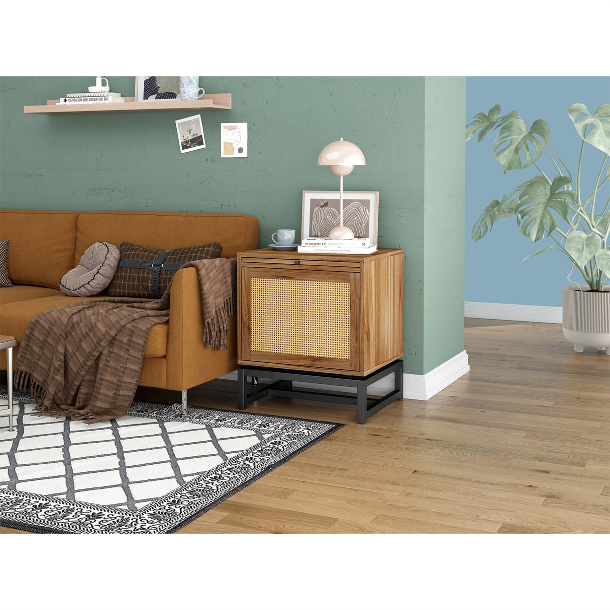 Nightstand, Side Table W/ Natural Rattan Door & Adjustable Pull Plate