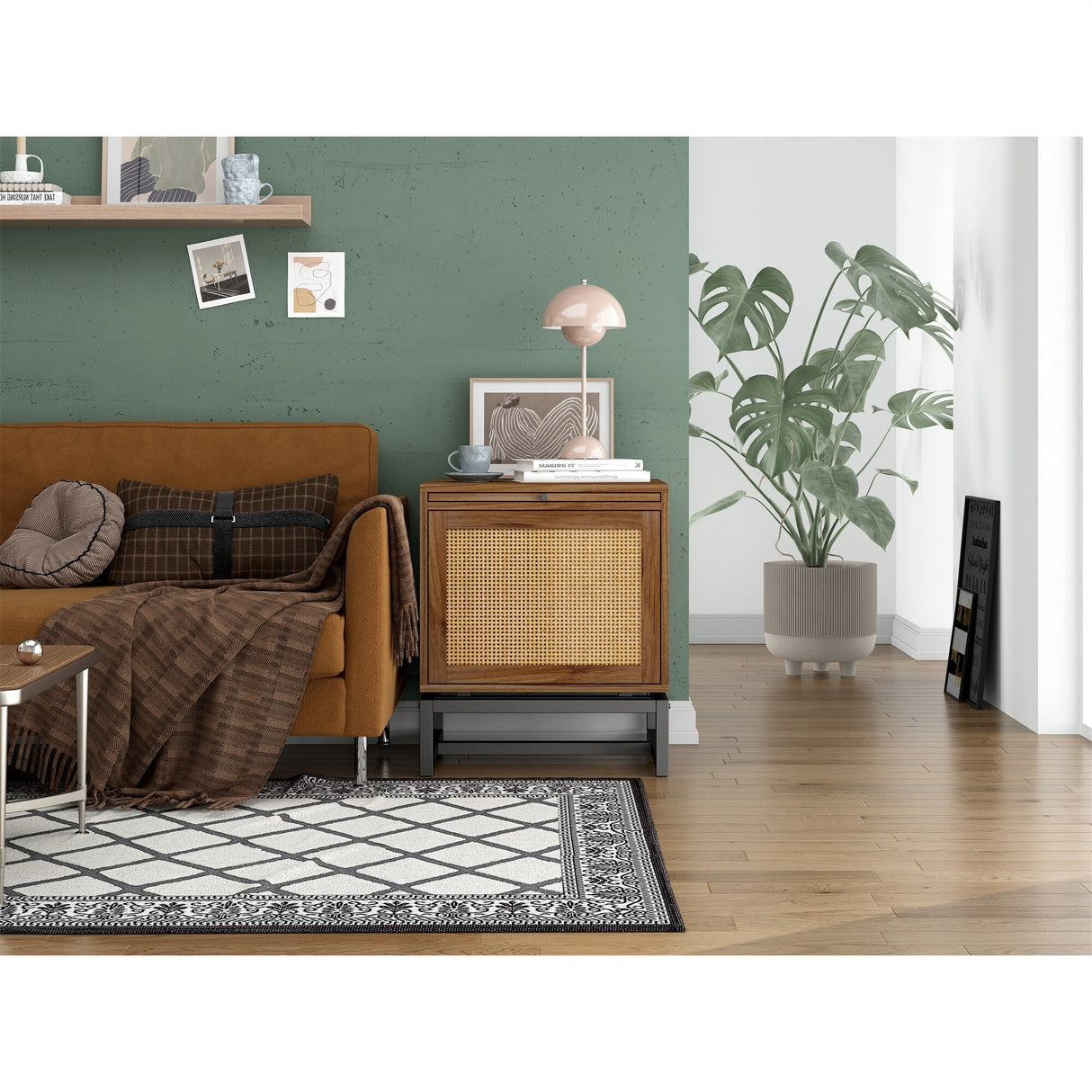 Nightstand, Side Table W/ Natural Rattan Door & Adjustable Pull Plate